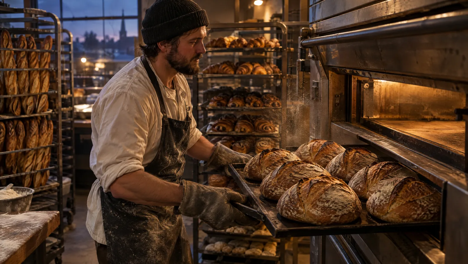 A baker pulling sourdough loaves from a deck oven before dawn