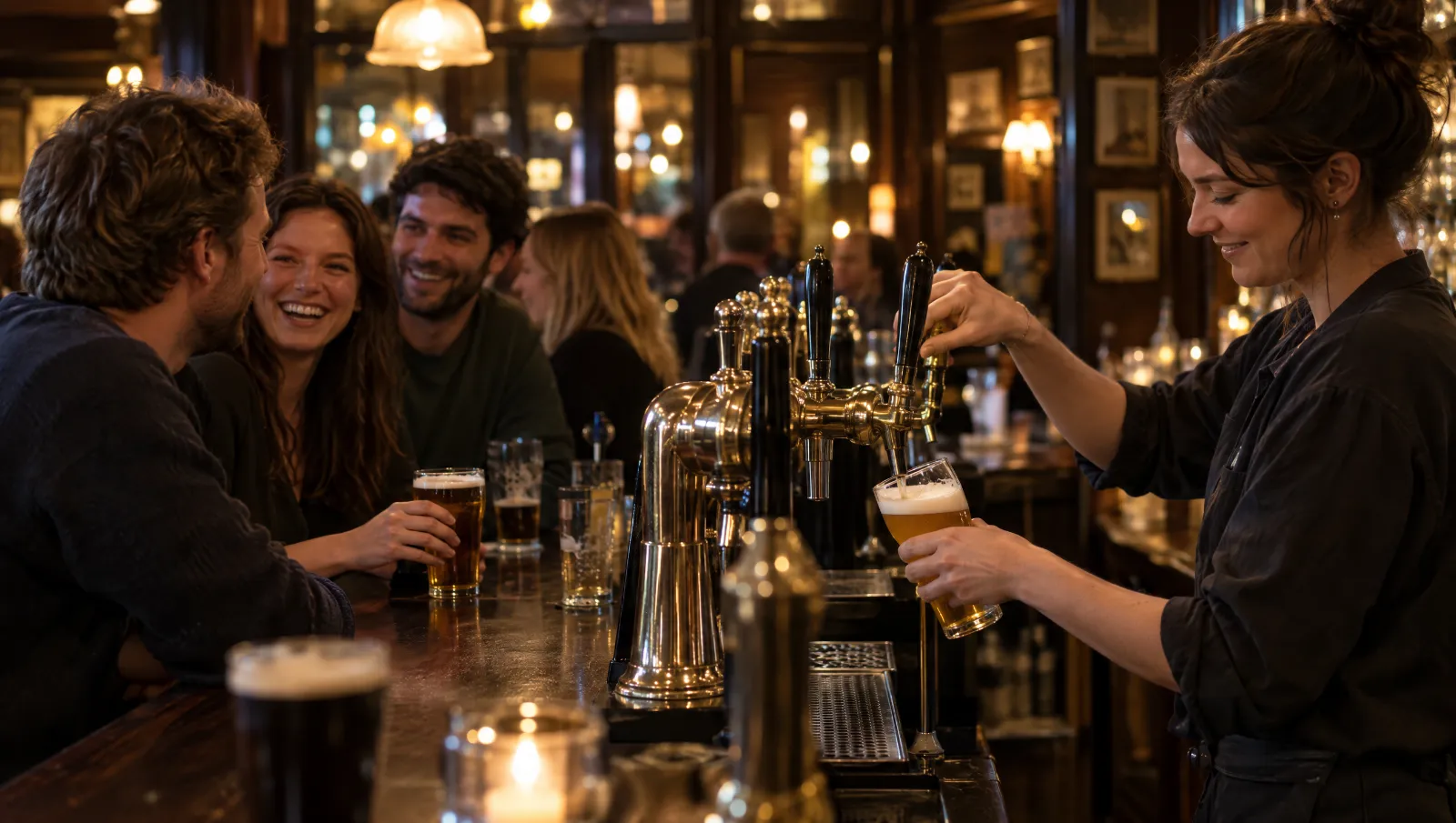 A bartender pouring a pint in a busy neighbourhood pub at night