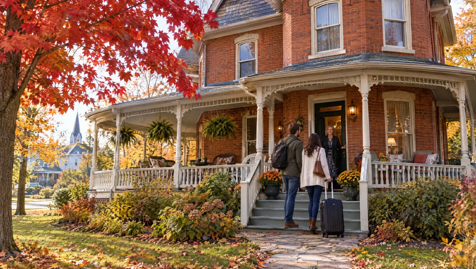 A Victorian bed and breakfast in small-town Ontario with autumn maples and a host greeting guests