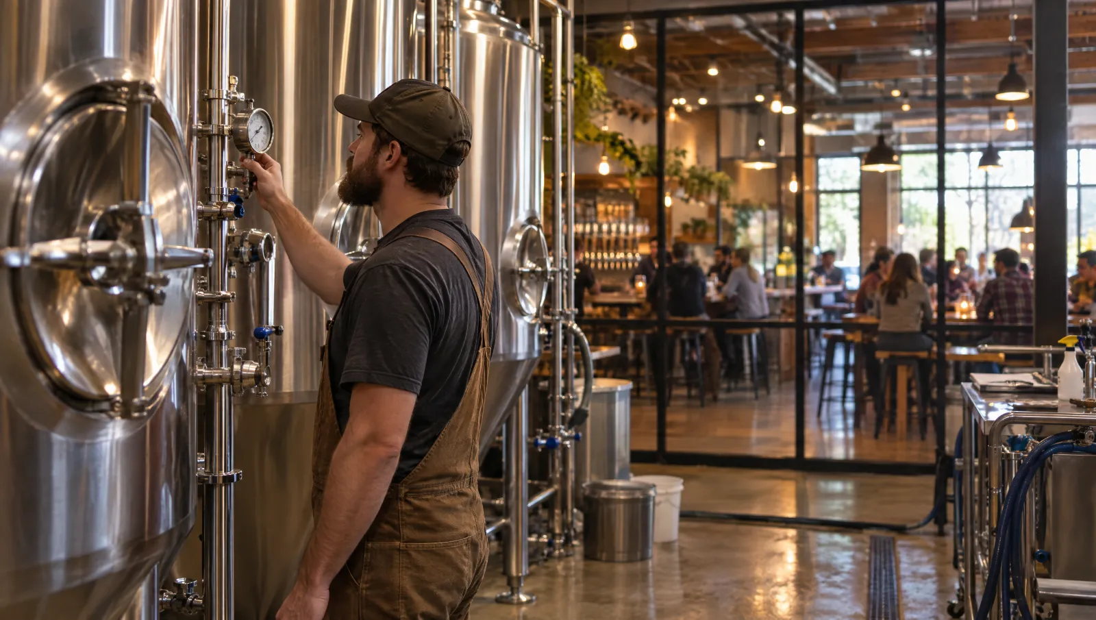 A brewer checking stainless fermentation tanks with the taproom behind glass