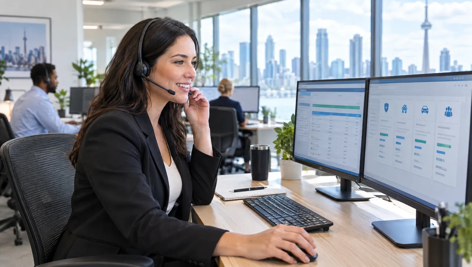 A broker on a headset reviewing coverage options in a Toronto office
