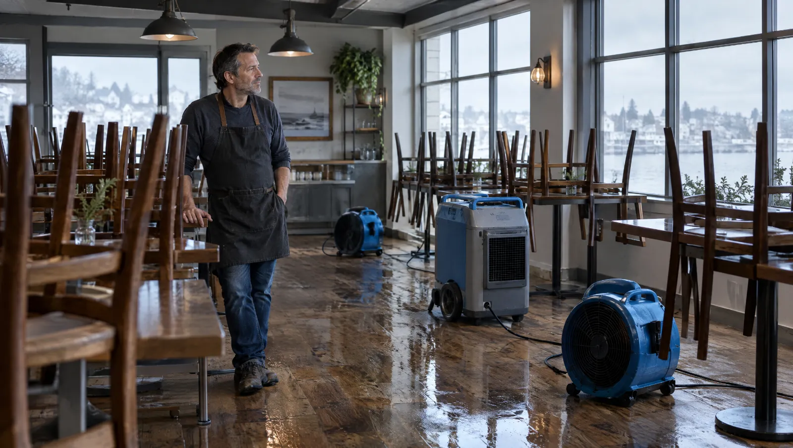 A restaurant closed for repairs with chairs on tables and fans drying the floor
