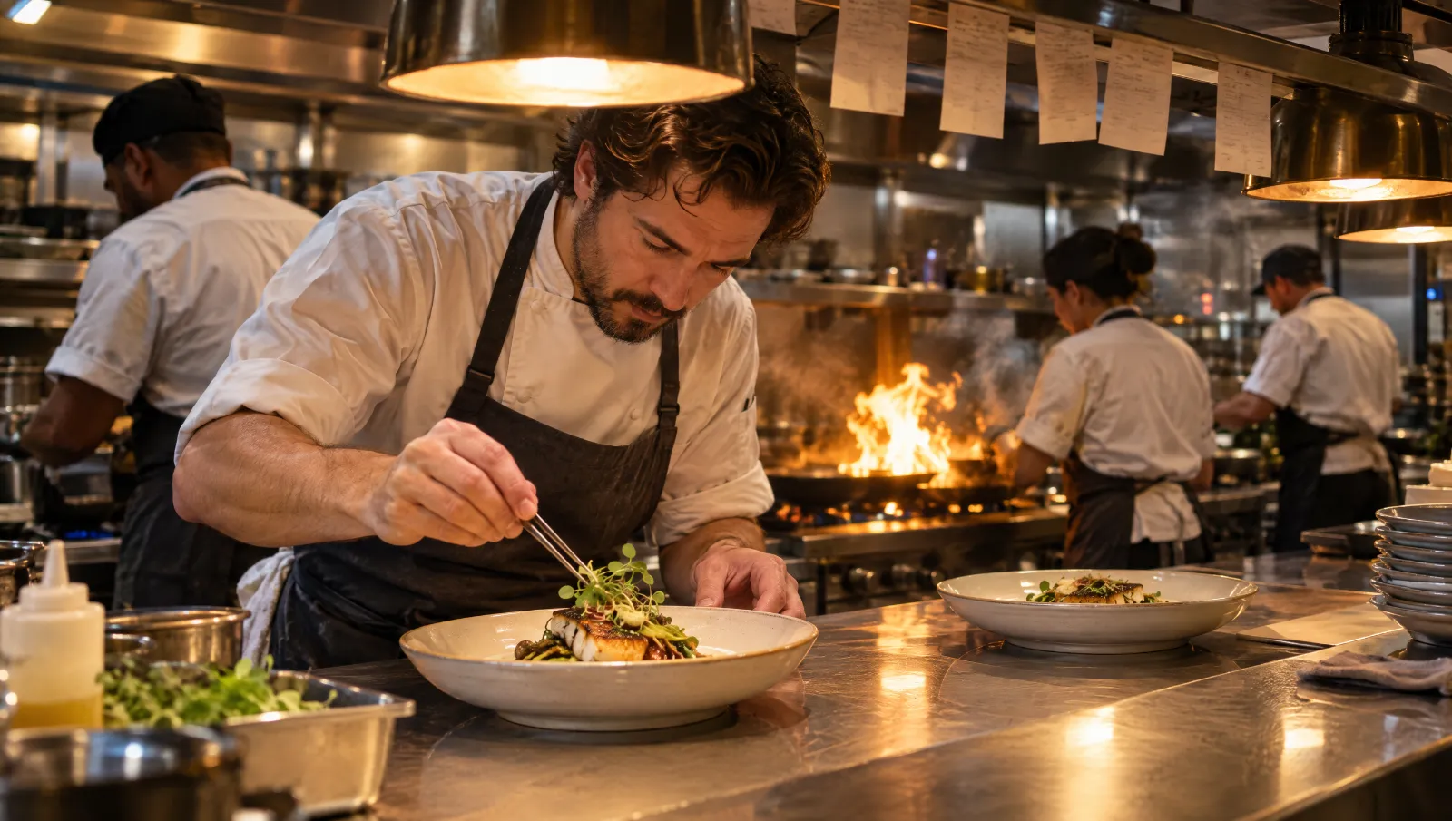 A head chef plating a dish at the pass in a busy restaurant kitchen
