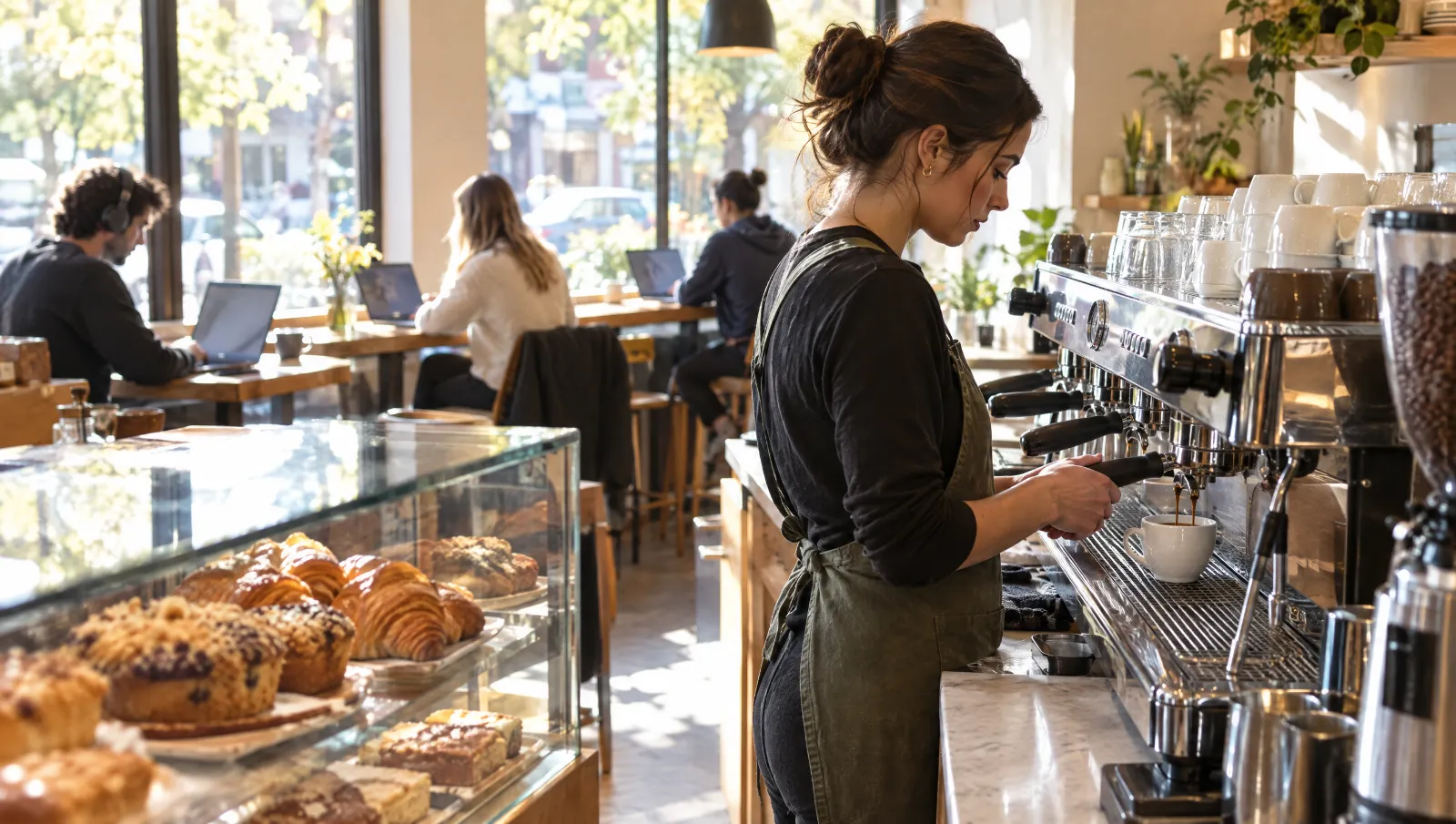A barista pulling an espresso shot in a sunny neighbourhood coffee shop
