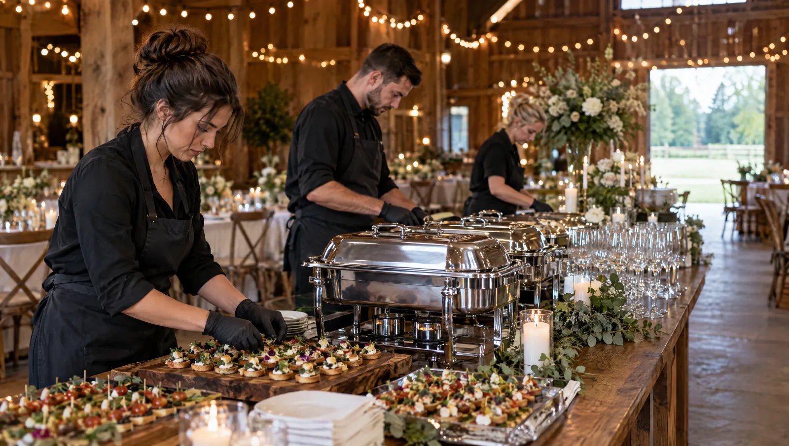 A catering team setting up a buffet at a wedding in an Ontario barn venue