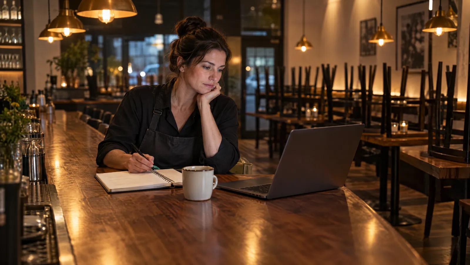 A restaurant owner working through budgets on a laptop at the bar after close