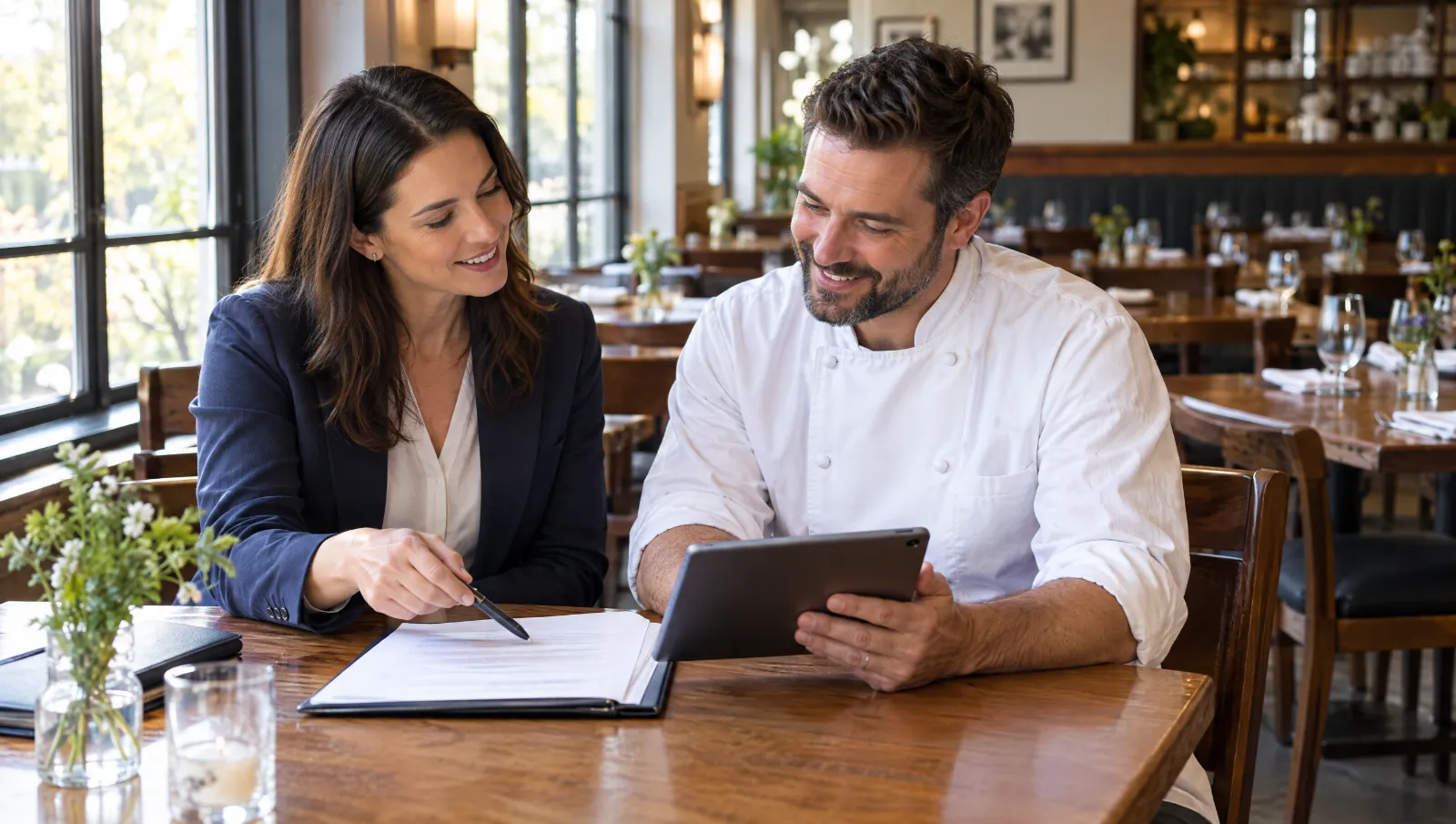An insurance broker reviewing a policy with a restaurant owner in an empty dining room