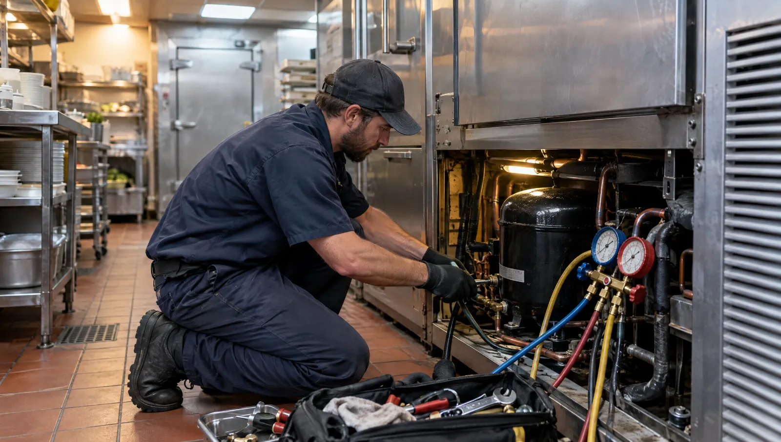 A technician repairing the compressor on a restaurant walk-in cooler