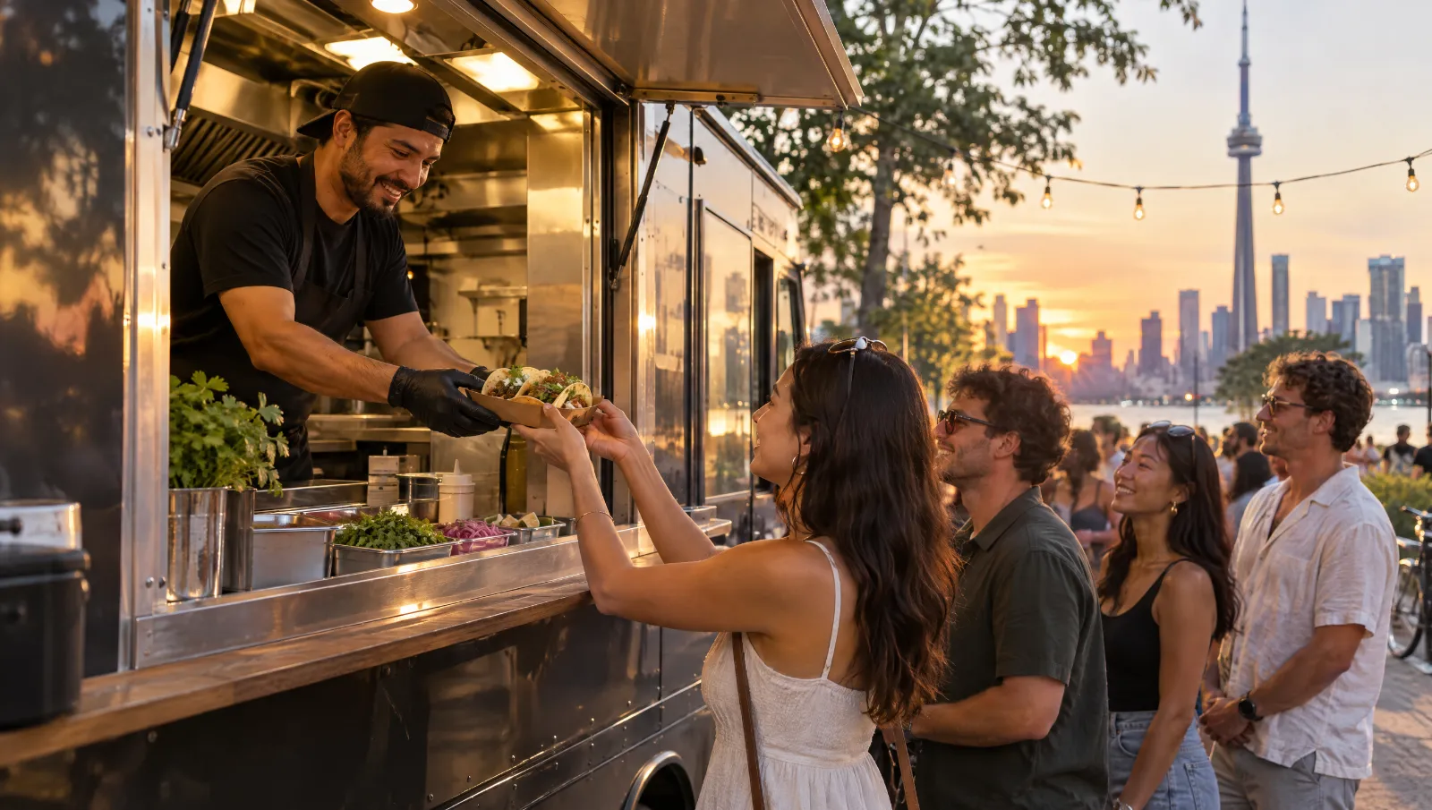 A food truck serving a line of customers on a Toronto street at golden hour