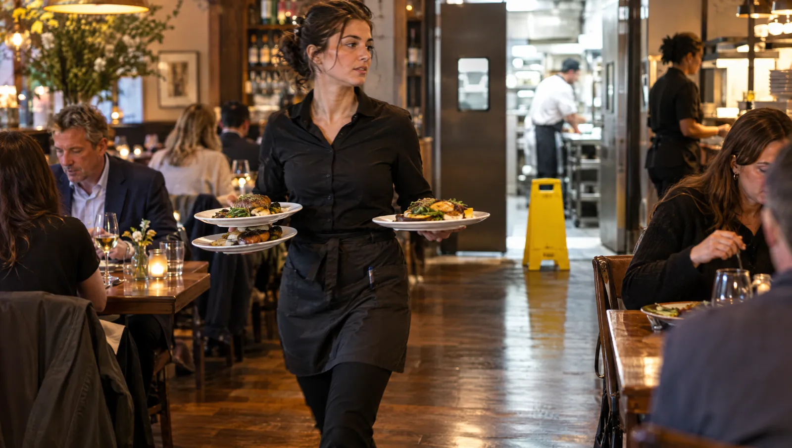 A server carrying plates past a wet floor sign during dinner service