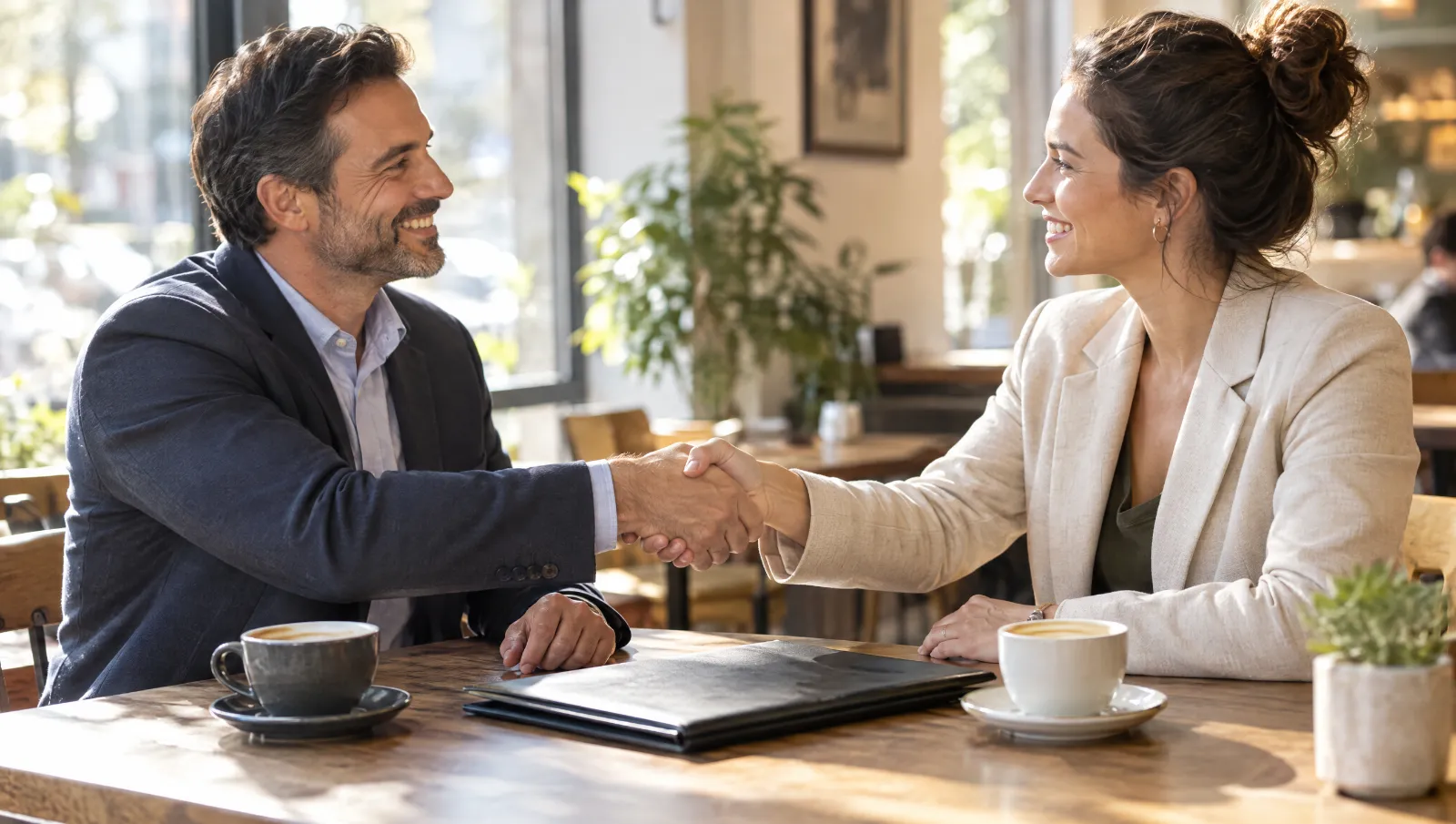A restaurant owner shaking hands with an insurance broker over coffee
