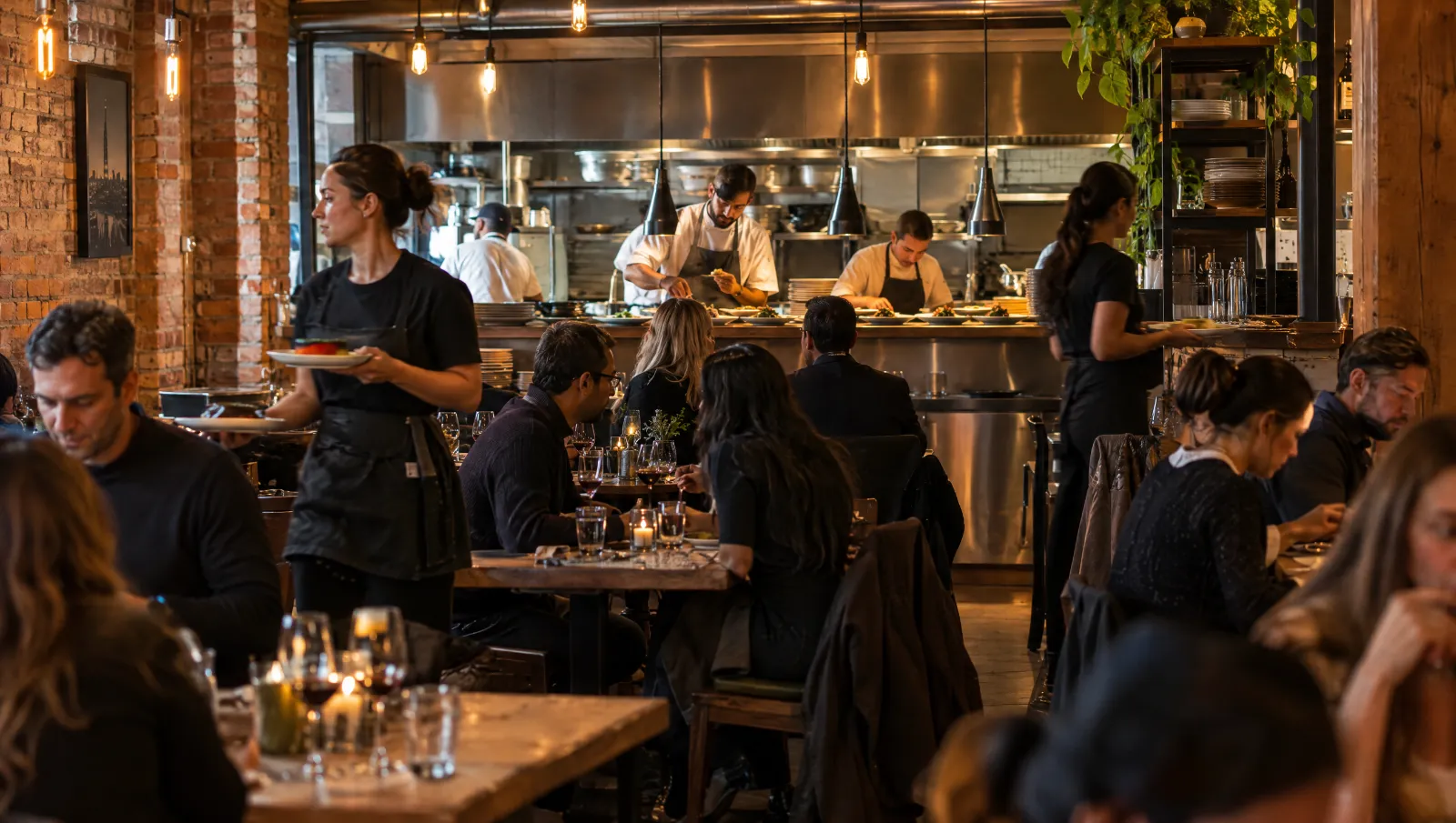 A busy Toronto restaurant dining room on a Friday night with chefs plating at the open kitchen pass