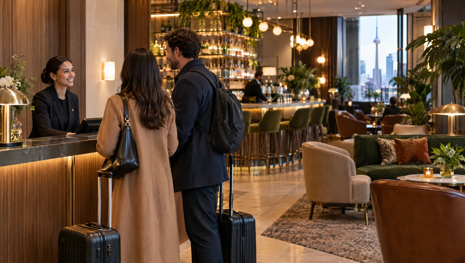 A front desk agent welcoming guests in a boutique Toronto hotel lobby