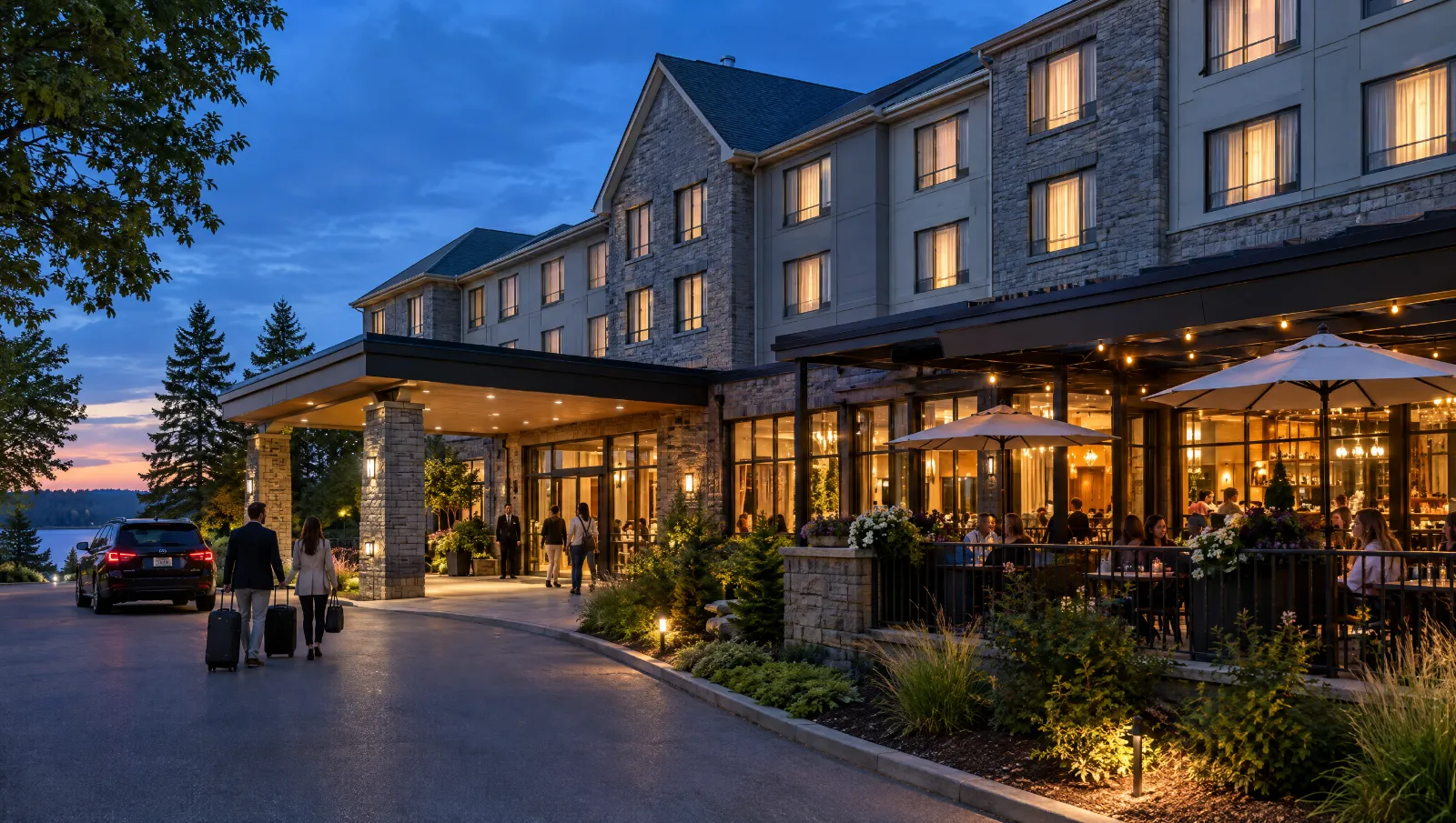 An Ontario hotel at dusk with its ground-floor restaurant and patio lit up