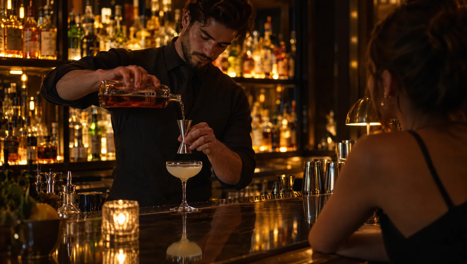 A bartender measuring a cocktail with a jigger at a late-night bar