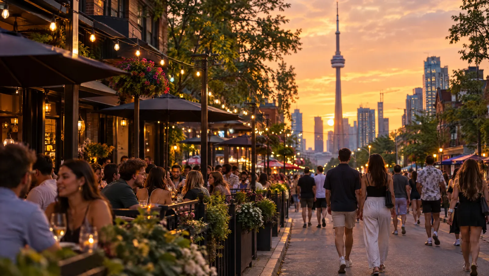 Toronto restaurant patios full of diners at sunset with the CN Tower in the distance