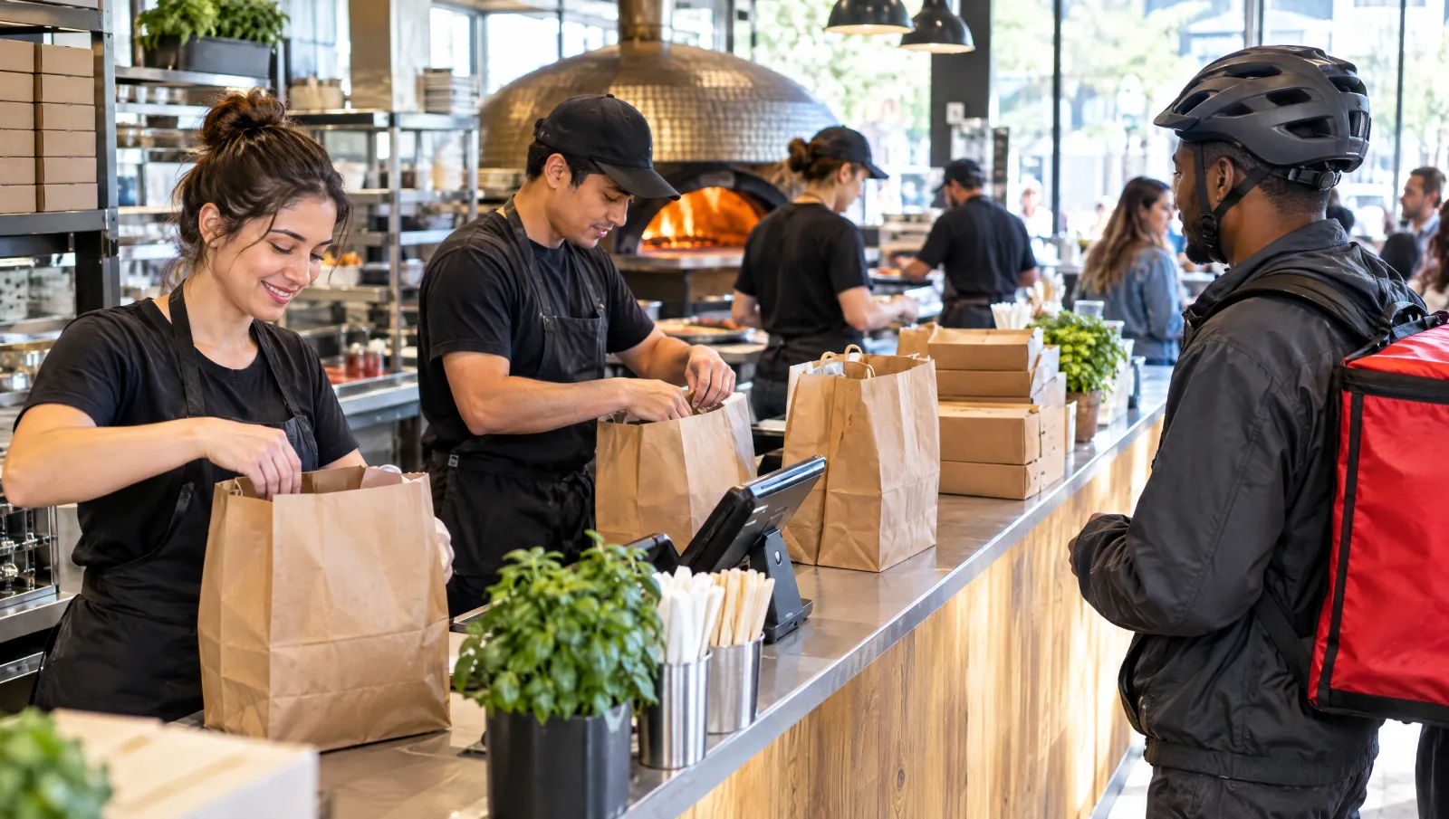 Staff packing takeout orders for a waiting delivery courier at a quick-service counter