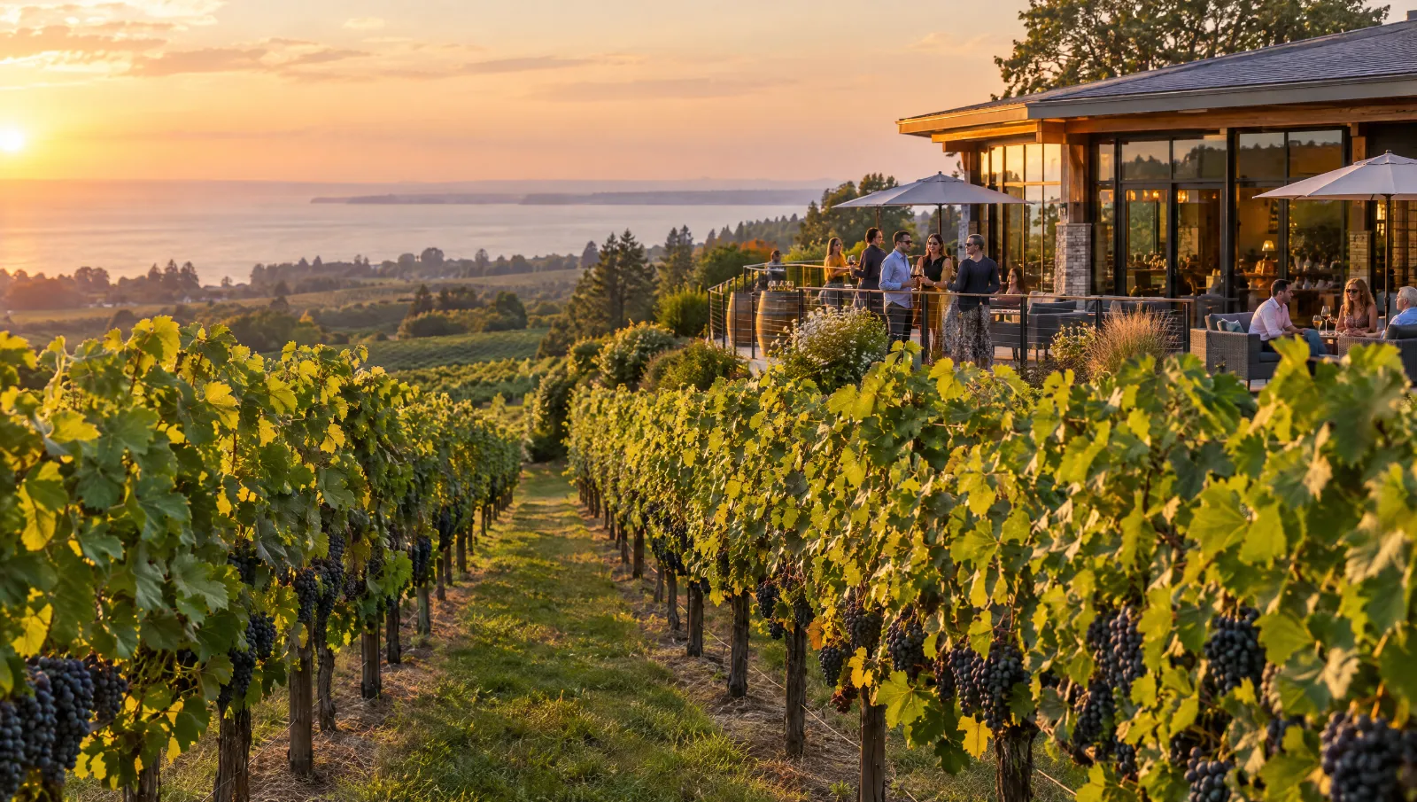 Vineyard rows leading to a Niagara winery tasting room at golden hour